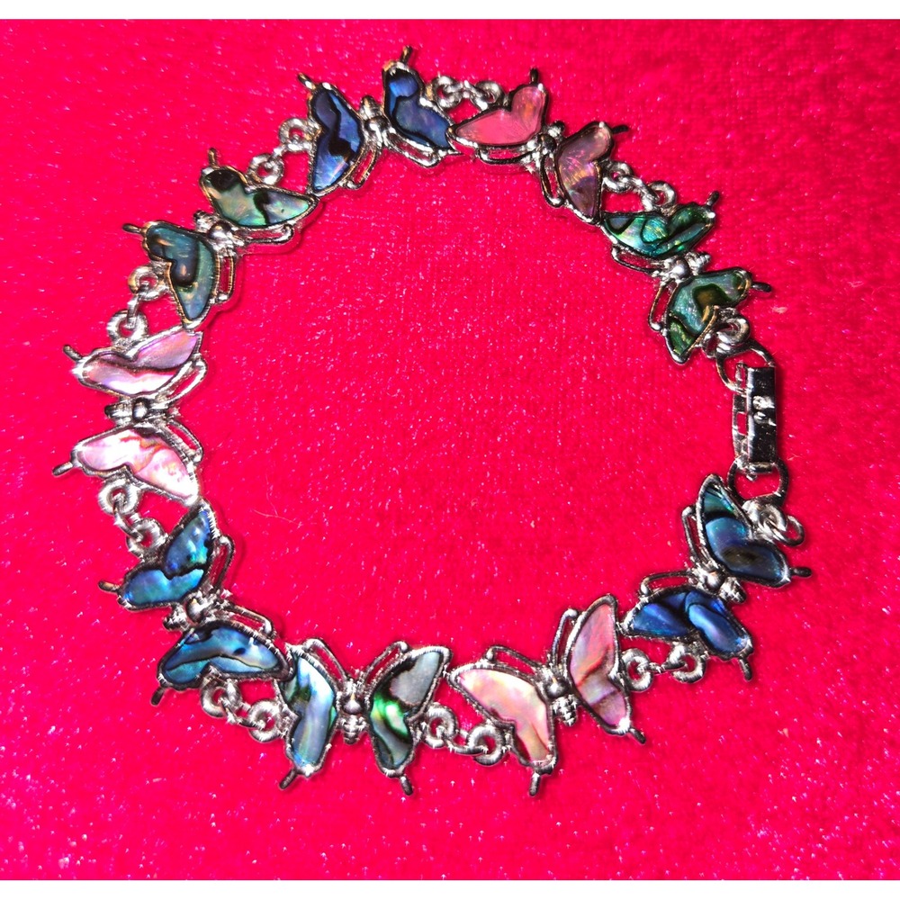 SJ Silver Tone Multi Color Abalone Shell Butterfly Link Bracelet 7.25 Inch
